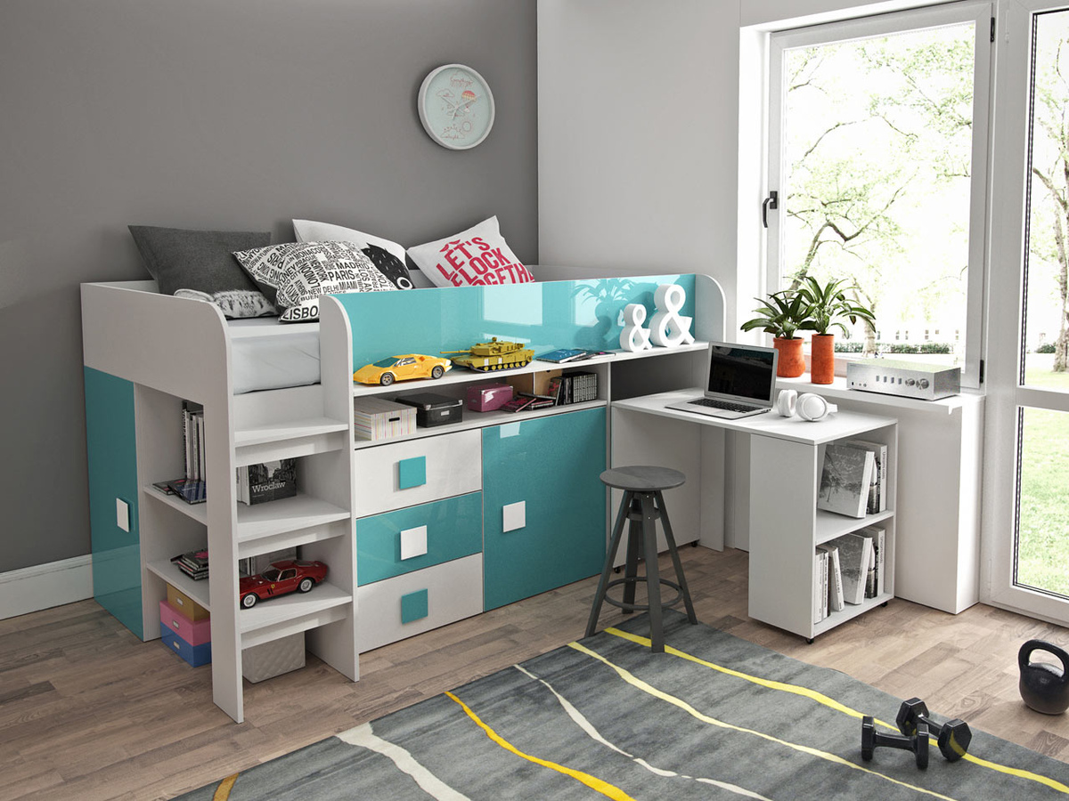 Bed Hartford 190 (Wit + glans Turquoise + Glanzend wit)