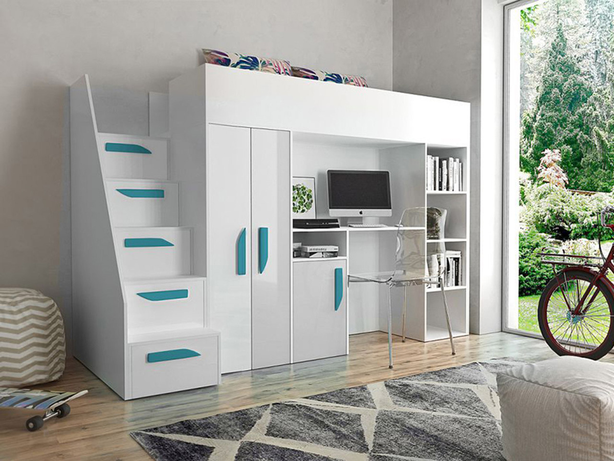 Hoog bed Hartford 192 (Wit + Glanzend wit + Glans Turquoise)