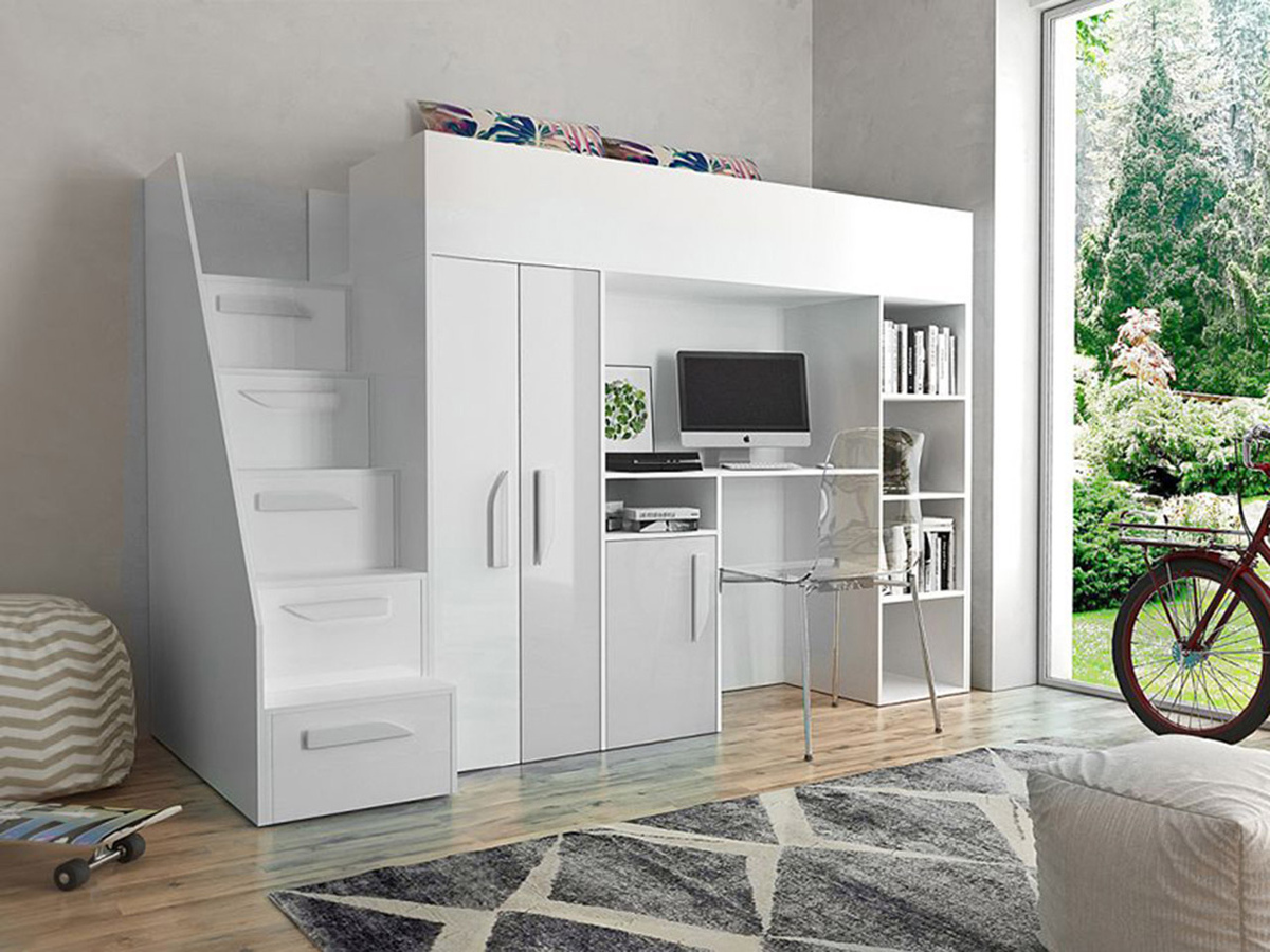 Hoog bed Hartford 192 (Wit + Glanzend wit)