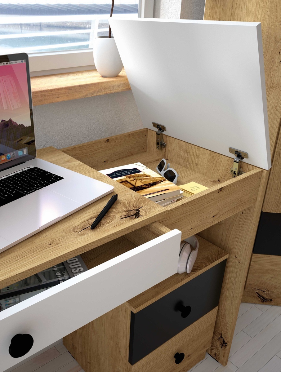 Bureau Mirelbu 109 (Artisan eiken + Glanzend wit + Zwart)