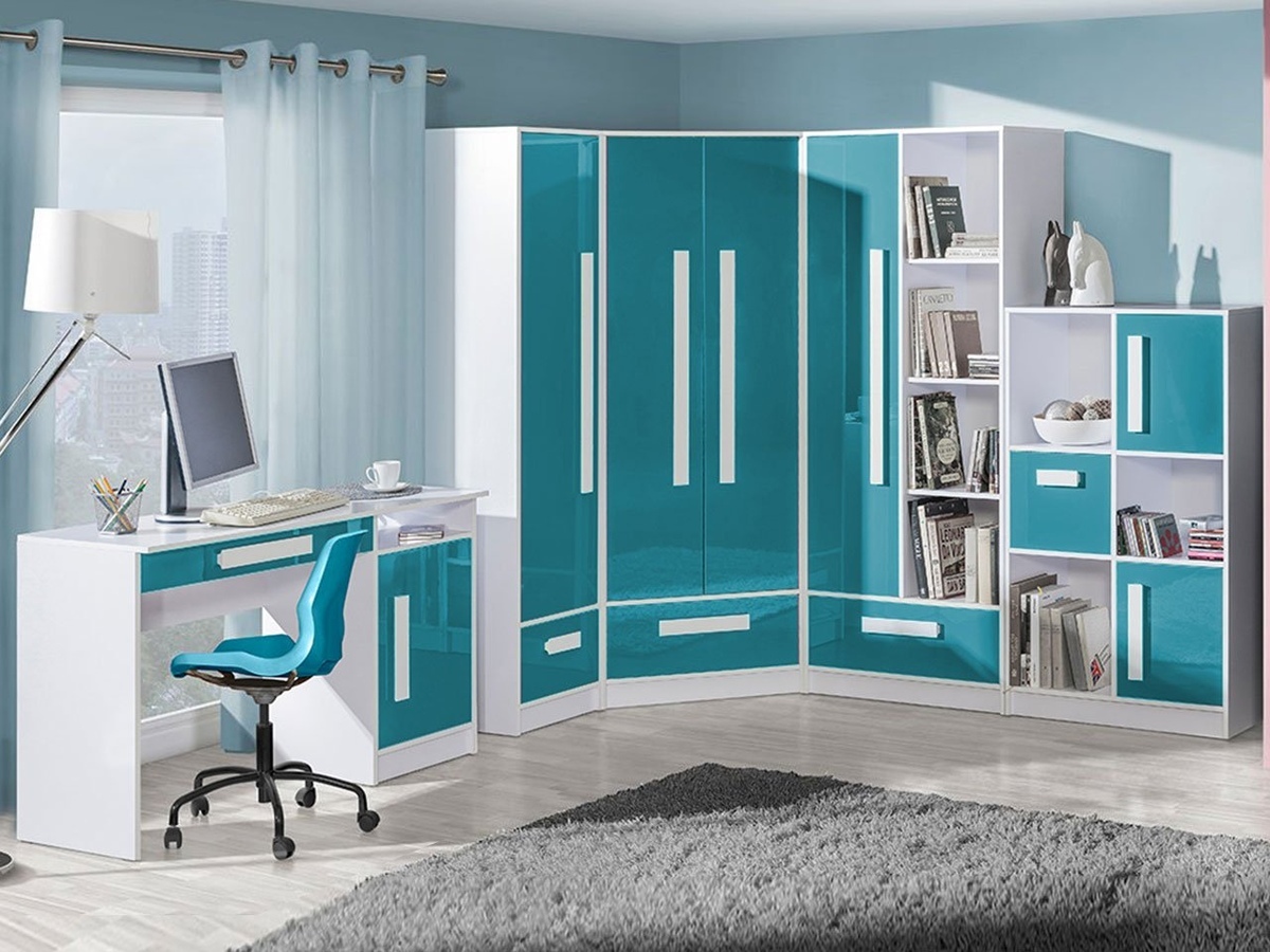 De reeks van de kinderkamer Merevari 107 (Wit + Glans Turquoise)