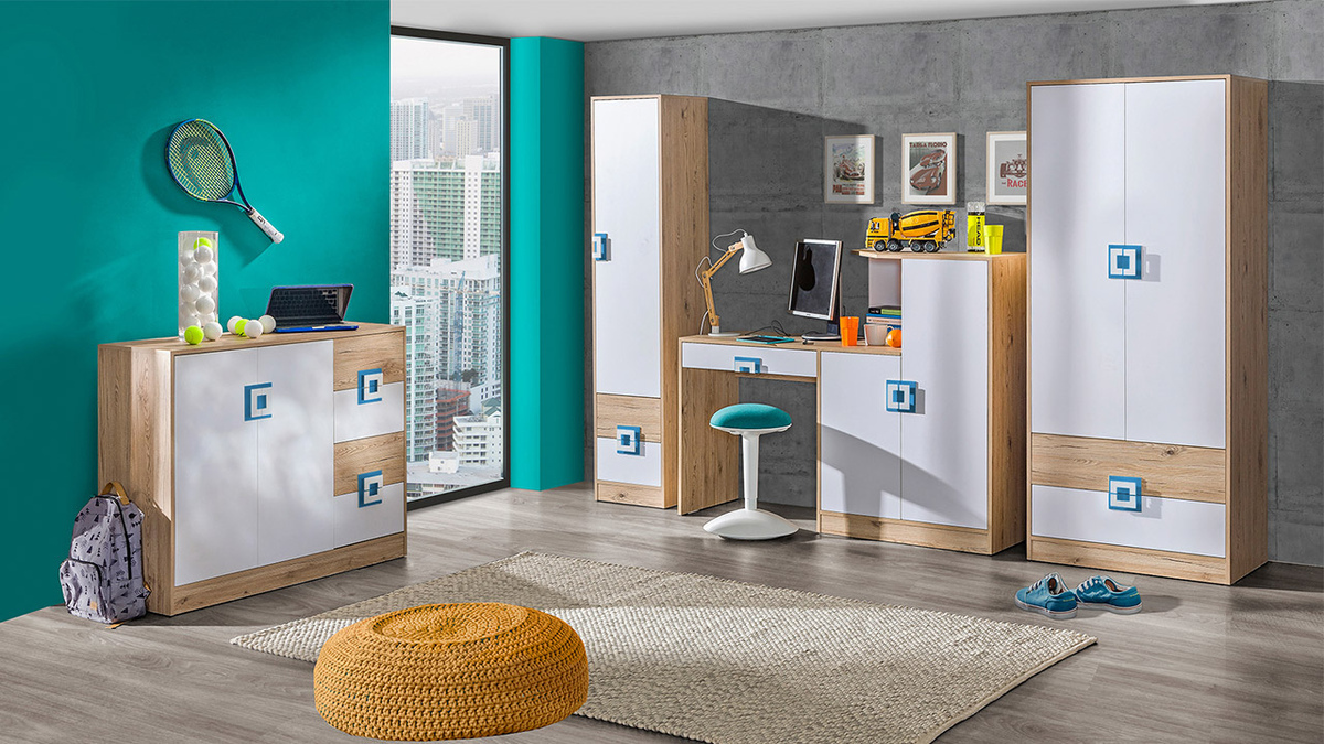 Kledingkast Balvire 102 (Licht eiken + Wit + Turquoise)