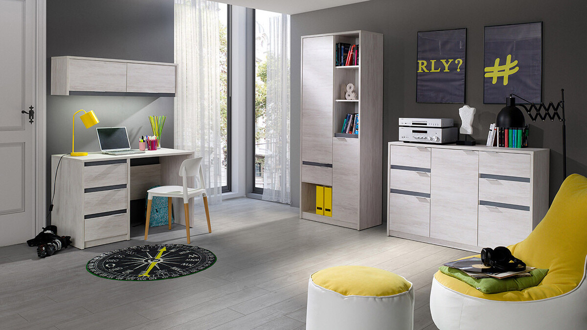 Ladekast Fivelbo 101 (Gebleekt eiken + Glanzend wit)