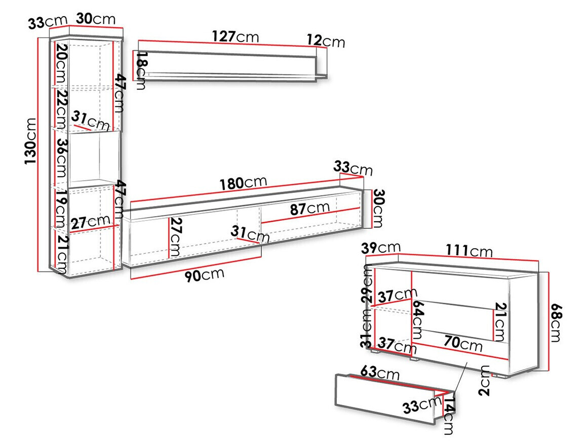 Woonkamerset Sarasota 132 (Wotan eik + Glanzend wit)