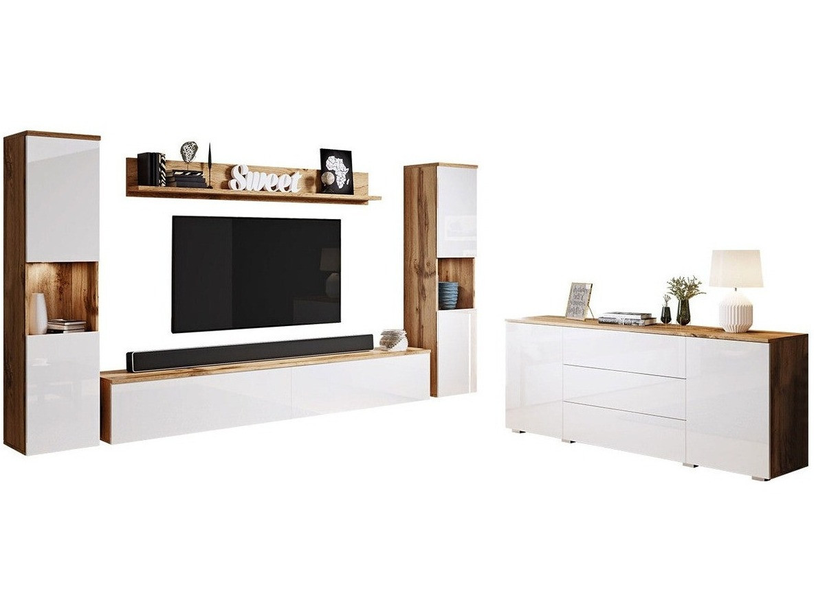 Woonkamerset Sarasota 133 (Wotan eik + Glanzend wit)