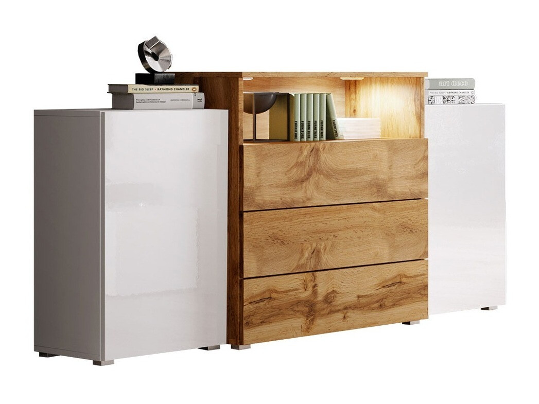 Ladekast Sarasota 127 (Wit + Glanzend wit + Wotan eik)