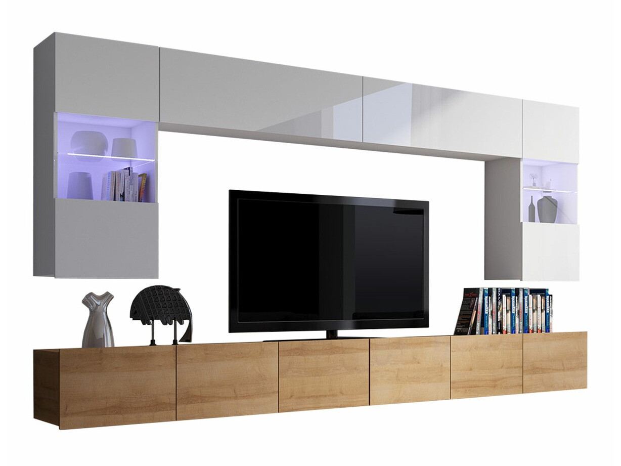 Woonkamerset Remus I (Gouden eik + Wit + Glanzend wit)