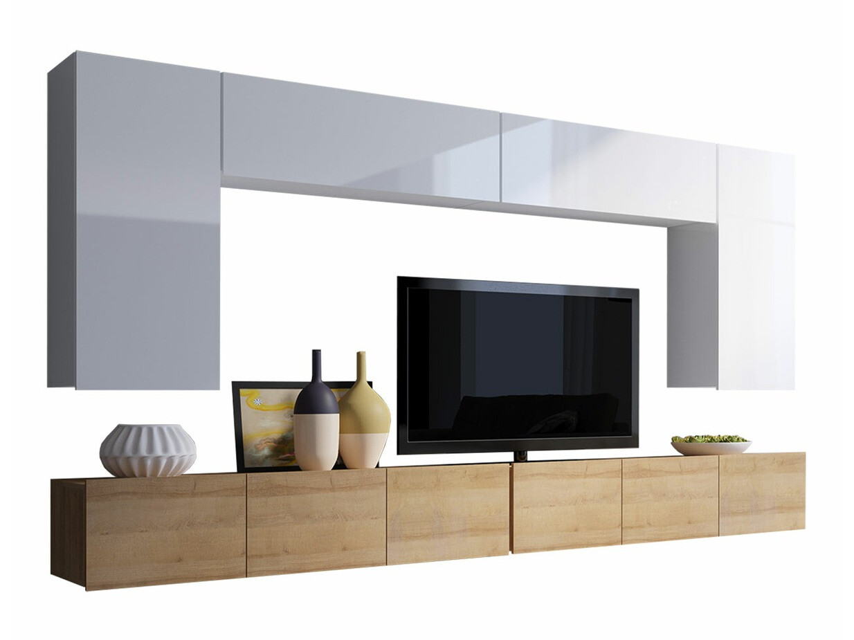 Woonkamerset Remus XIII (Gouden eik + Wit + Glanzend wit)