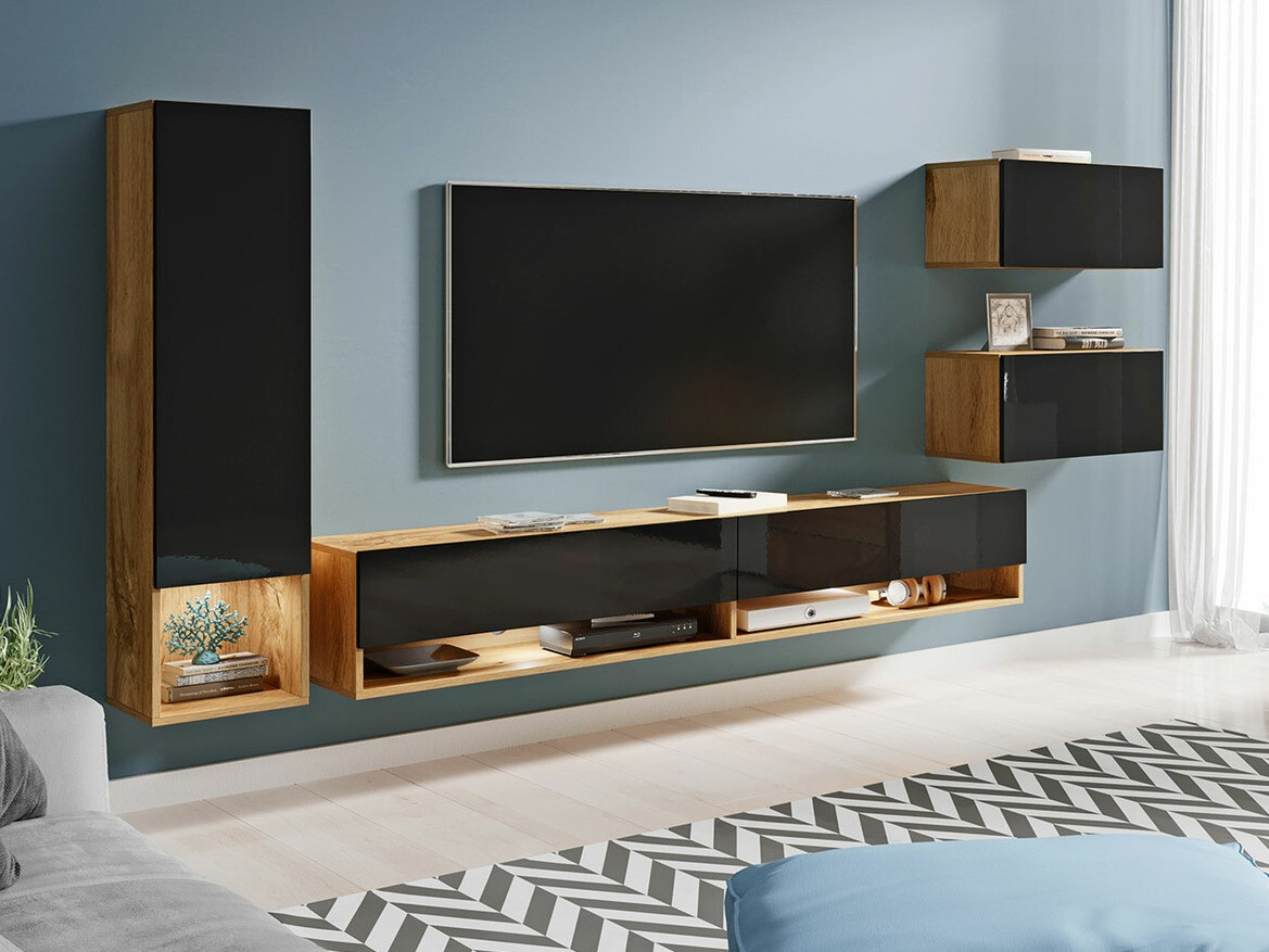 Woonkamerset Sarasota 124 (Wotan eik + Glanzend zwart)