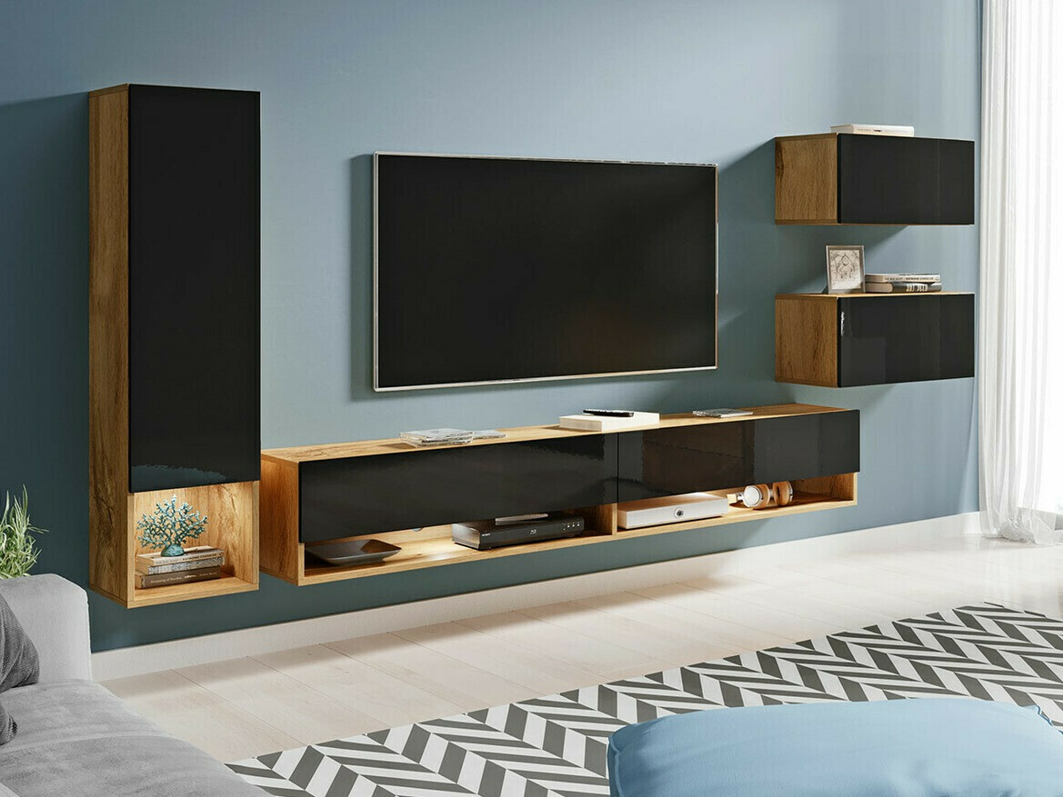 Woonkamerset Sarasota 124 (Wotan eik + Glanzend zwart)