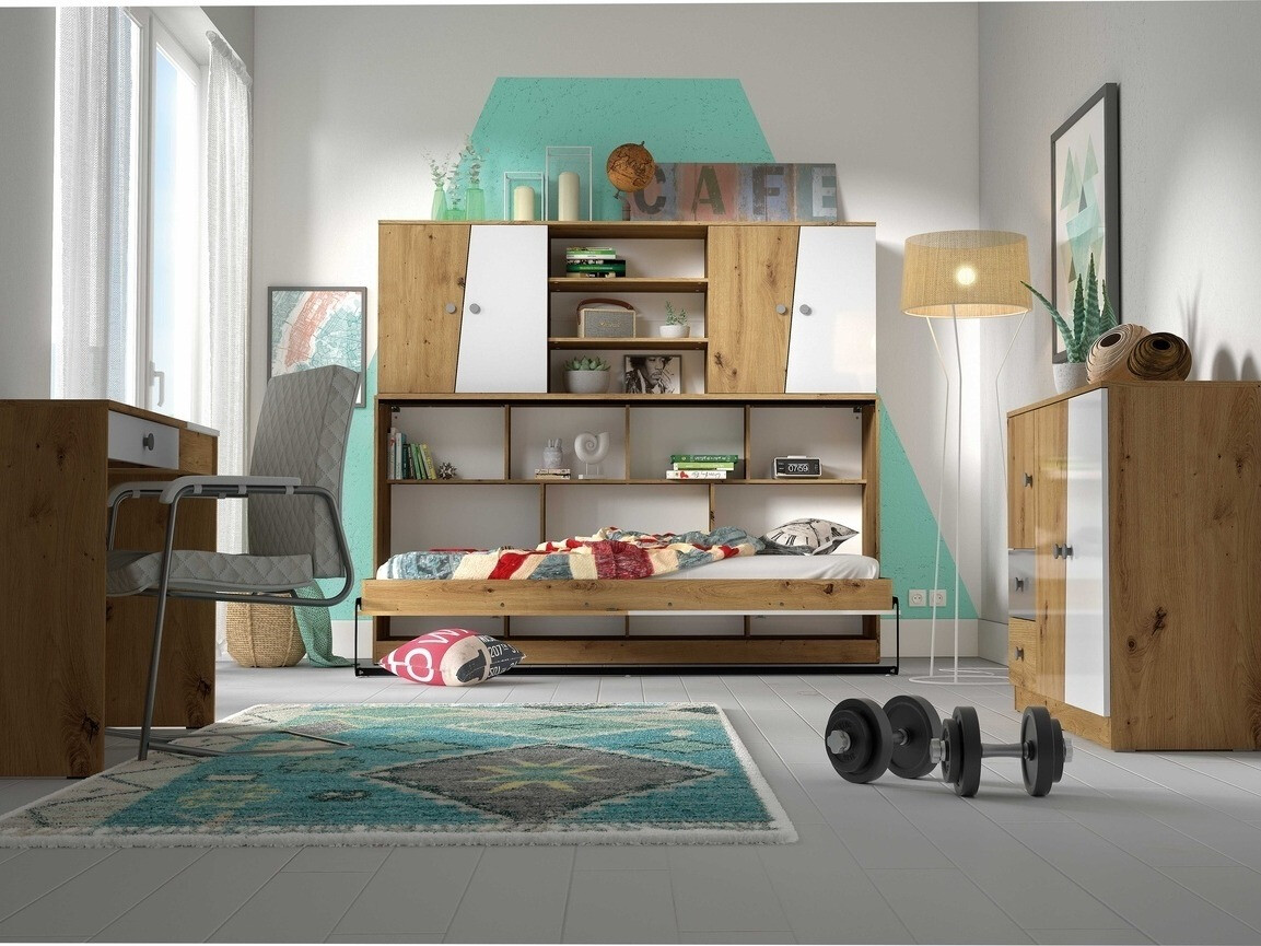 Muurbed Mirelbu 114 (Artisan eiken + Glanzend wit + Grijs)