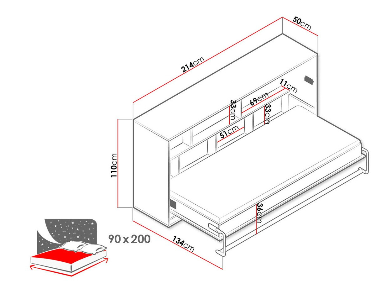 Muurbed Mirelbu 114 (Artisan eiken + Glanzend wit + Grijs)