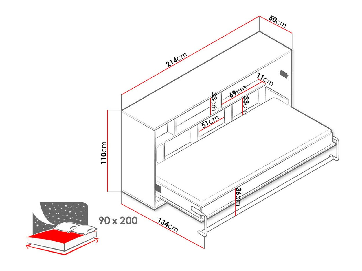 Muurbed Mirelbu 114 (Artisan eiken + Wit + Grijs)