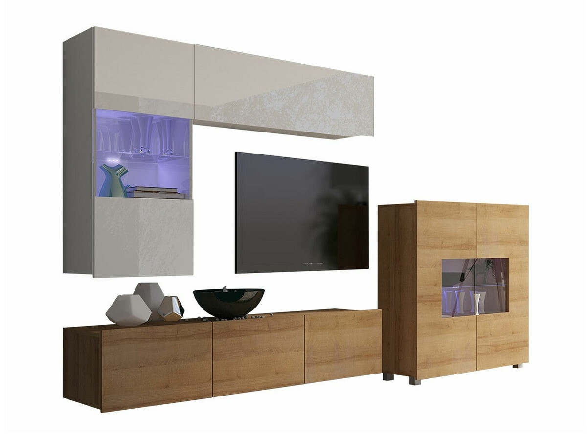 Woonkamerset Remus III (Gouden eik + Wit + Glanzend wit)