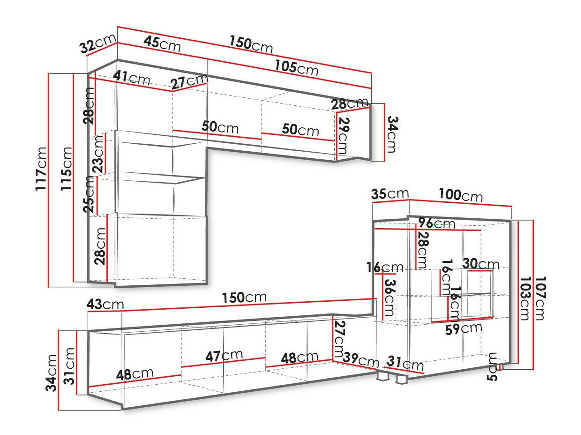 Woonkamerset Tivdalu 107 (Zwart + Glanzend zwart)