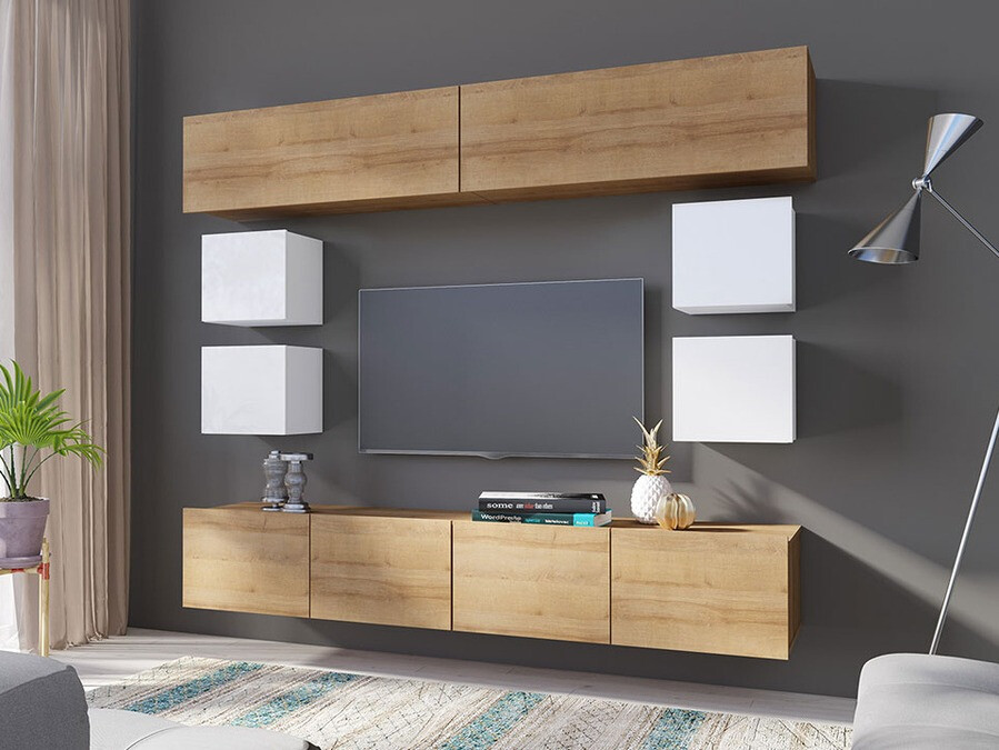 Woonkamerset Tivdalu 134 (Gouden eik + Wit + Glanzend wit)