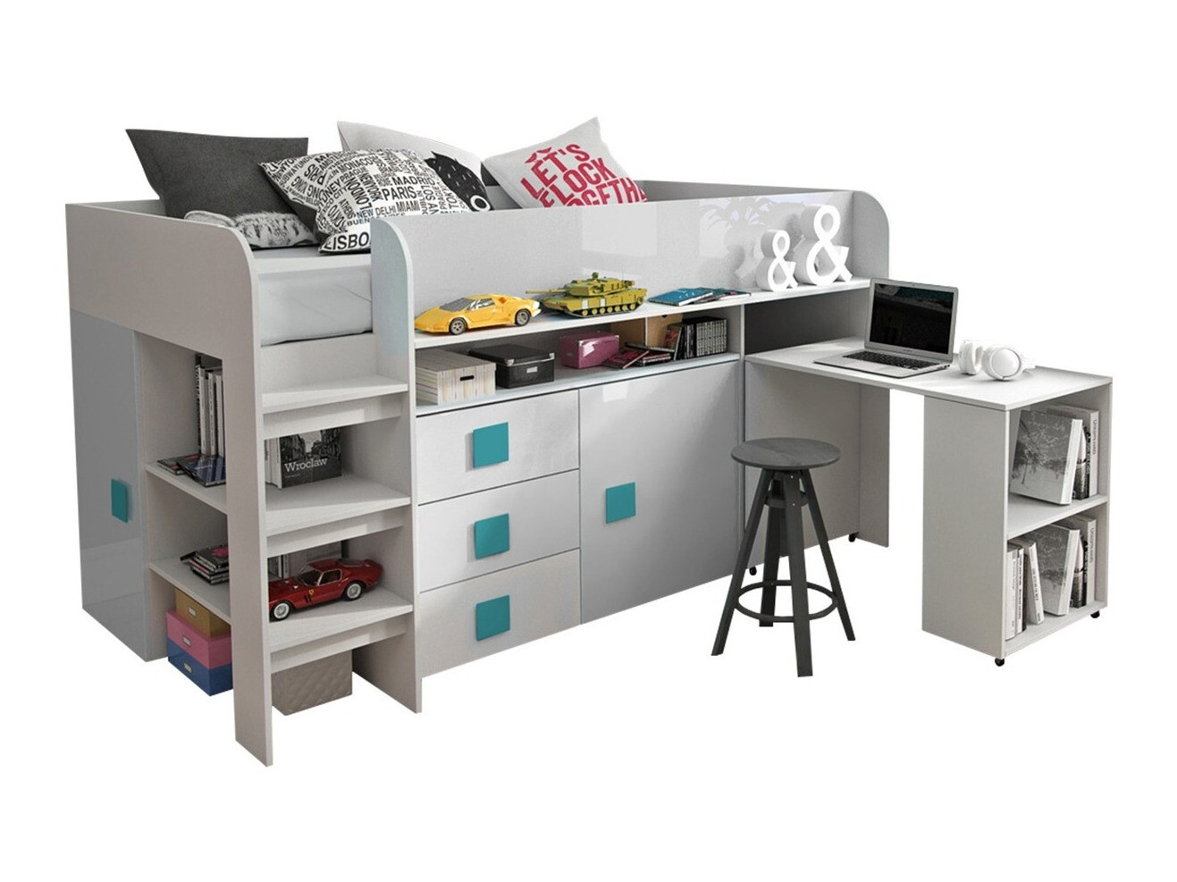 Bed Hartford 190 (Wit + Glanzend wit + glans Turquoise)