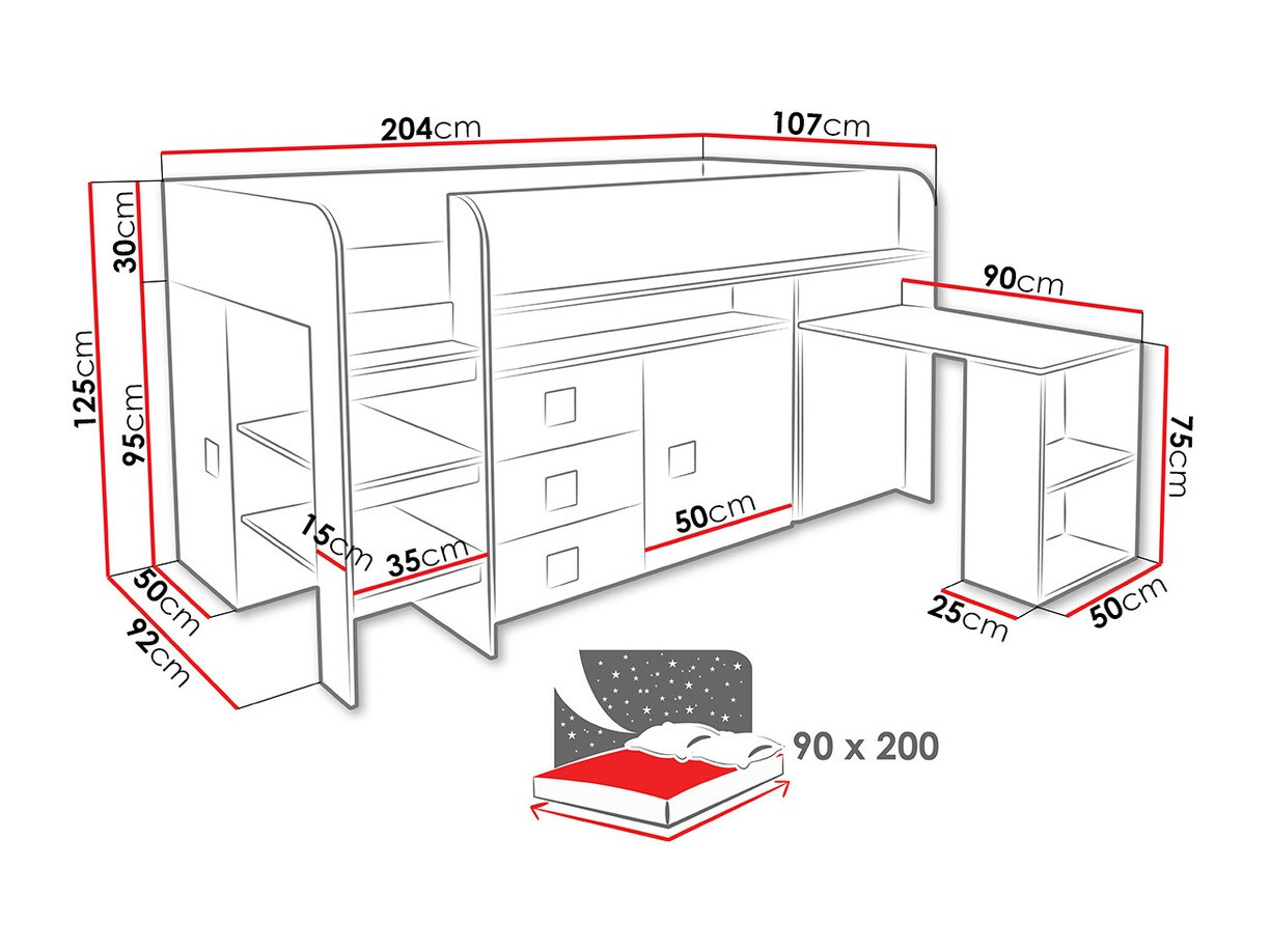 Bed Hartford 190 (Wit + Glanzend zwart + Glanzend wit)