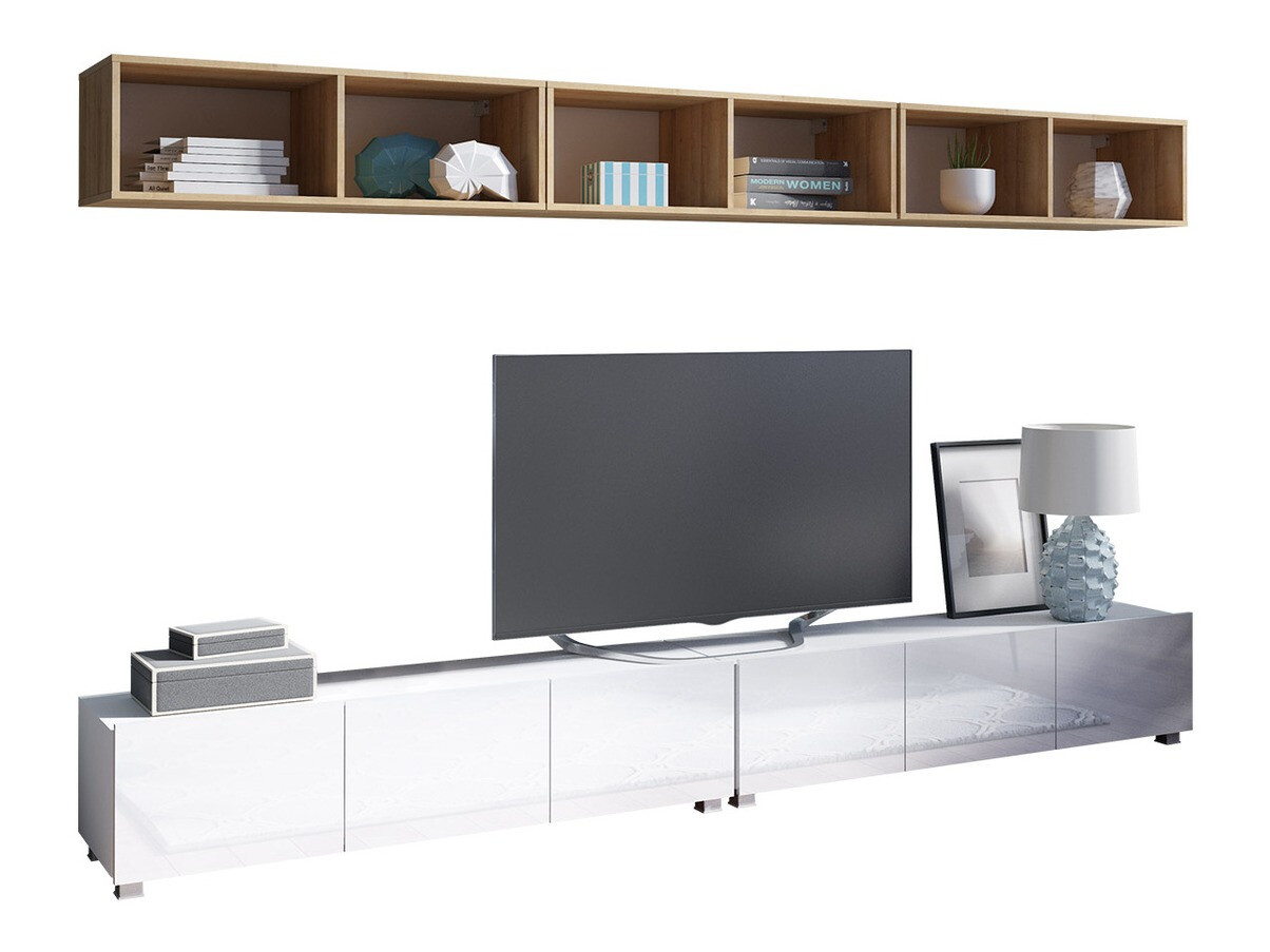 Woonkamerset Remus XXXIII (Wit + Glanzend wit + Gouden eik)