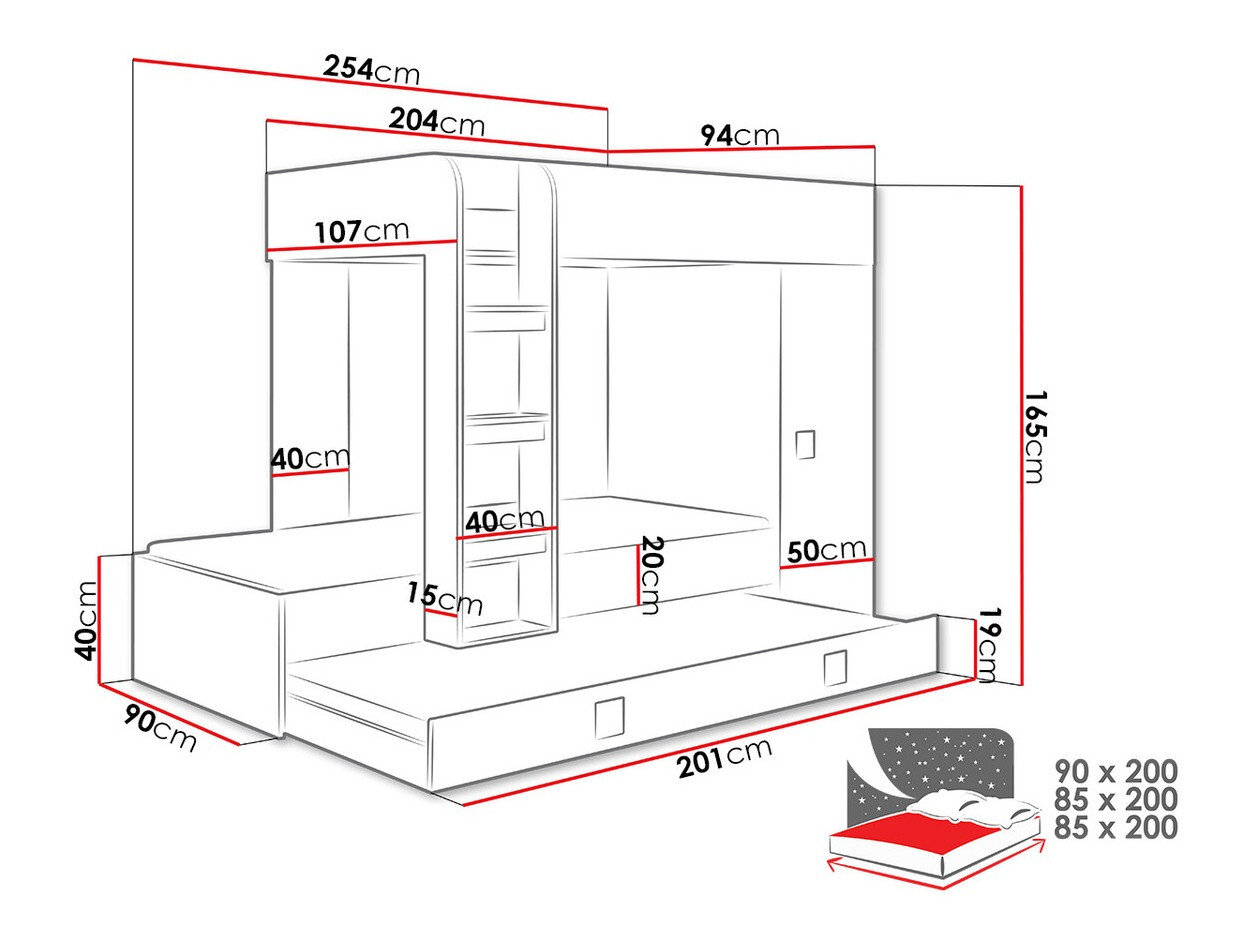 Stapelbed Hartford 191 (Wit + Glanzend zwart + Glanzend wit)