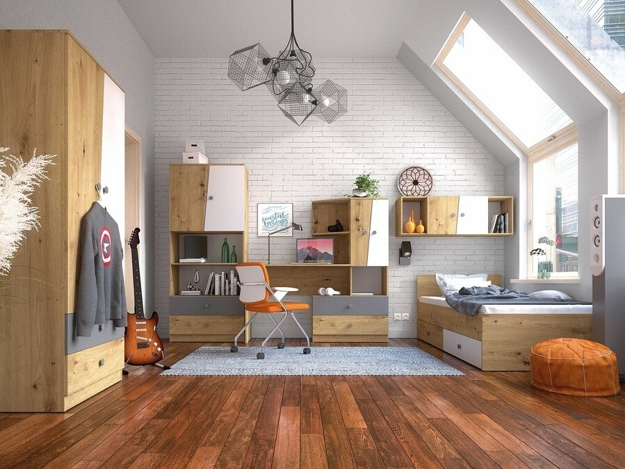 Bed Mirelbu 112 (Artisan eiken + Glanzend wit + Grijs)