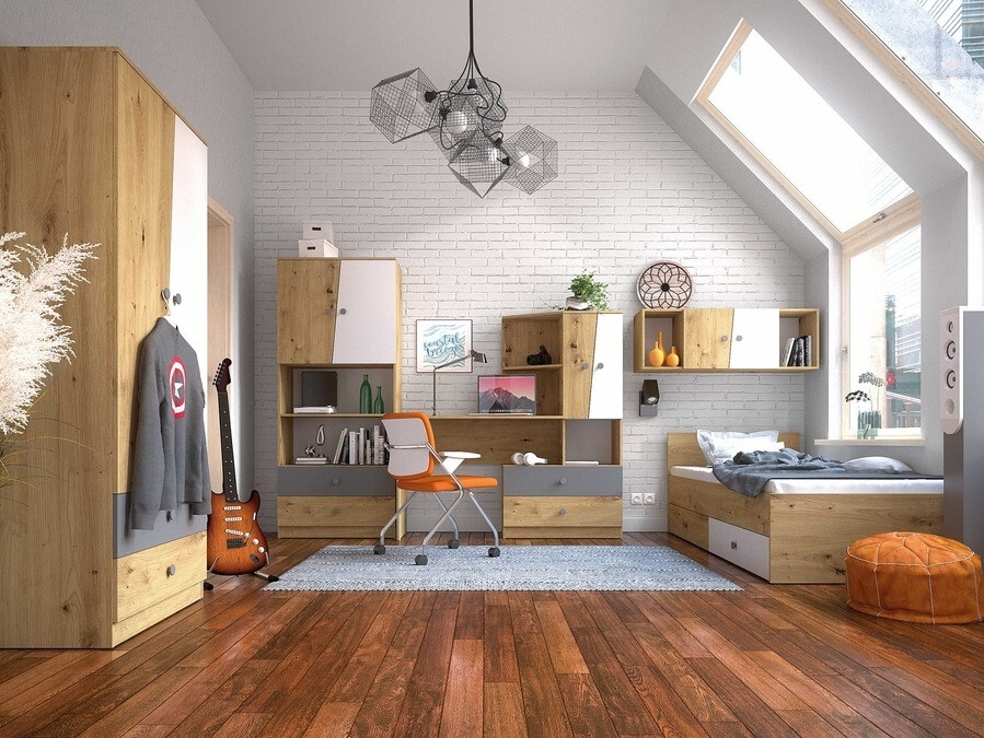 Bed Mirelbu 112 (Artisan eiken + Glanzend wit)