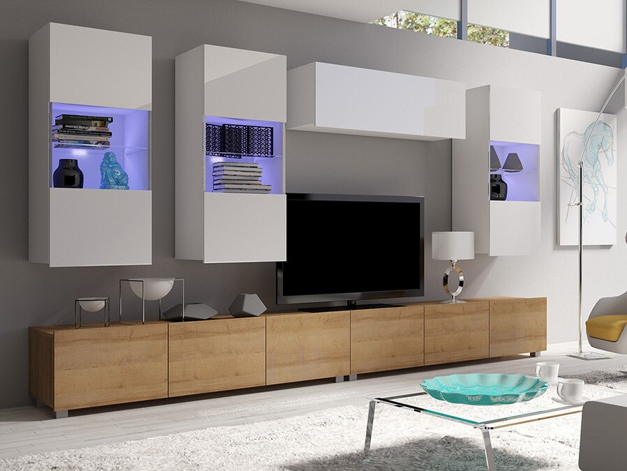 Woonkamerset Tivdalu 109 (Gouden eik + Wit + Glanzend wit)