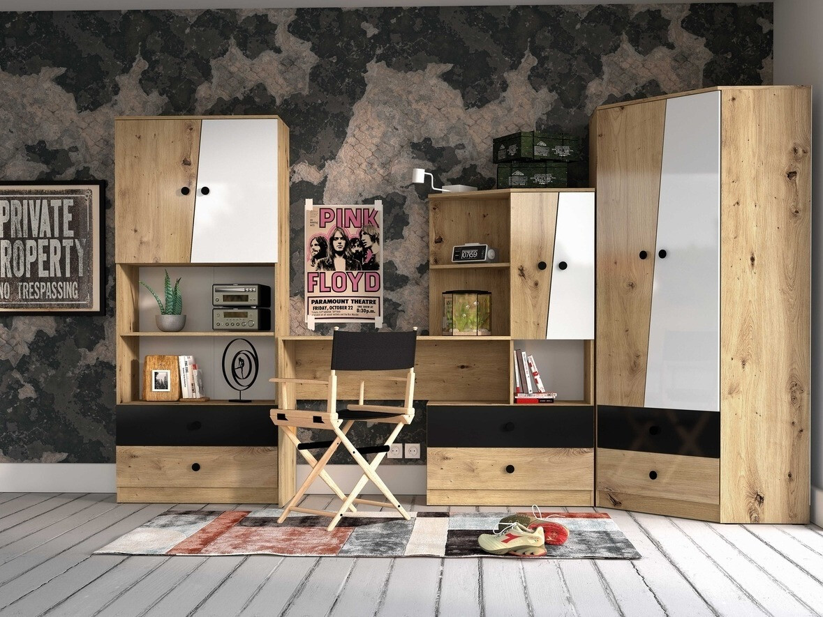 Bureau Mirelbu 110 (Artisan eiken + Glanzend wit + Glanzend zwart)