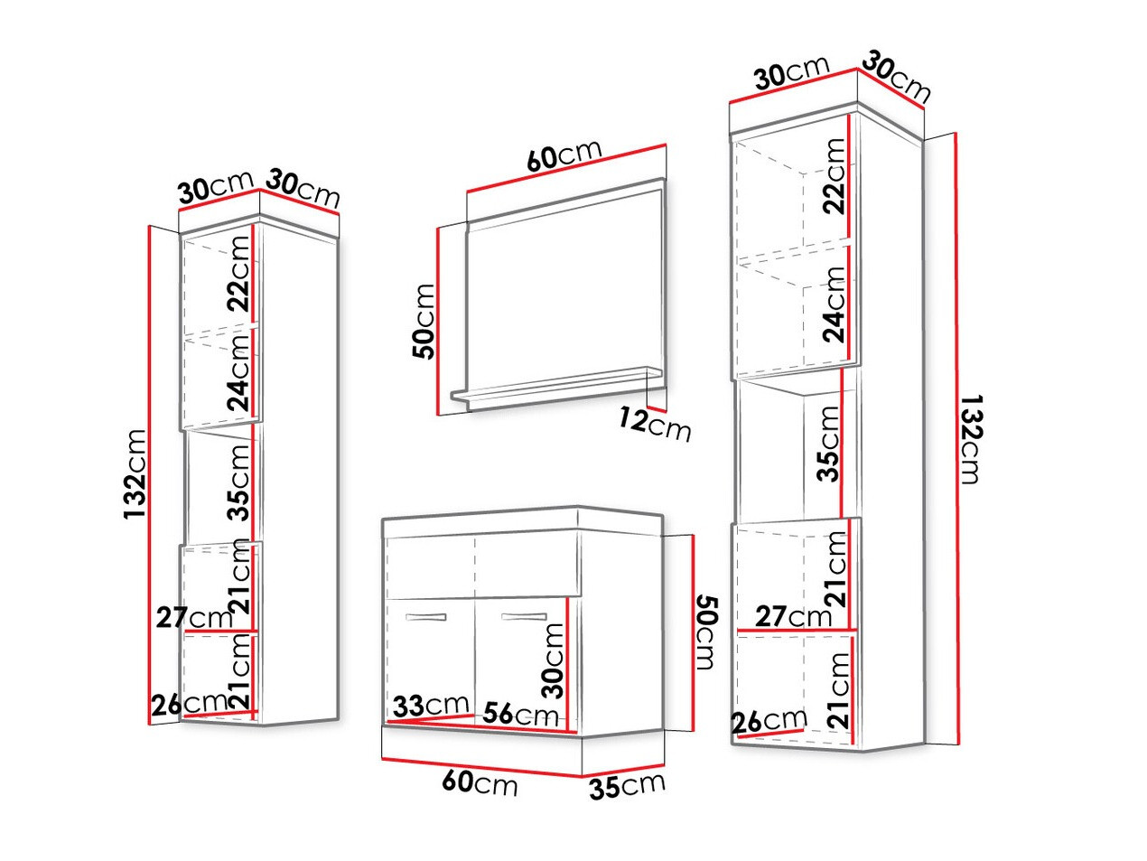 Badkamerset Sarasota 123 (Wit + Grijs met glans)