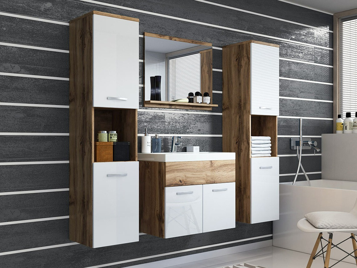 Badkamerset Sarasota 123 (Wotan eik + Glanzend wit)