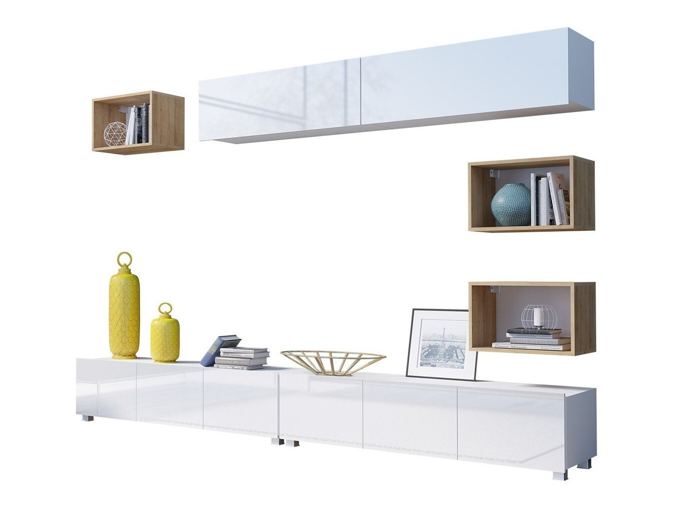 Woonkamerset Tivdalu 151 (Wit + Glanzend wit + Gouden eik)