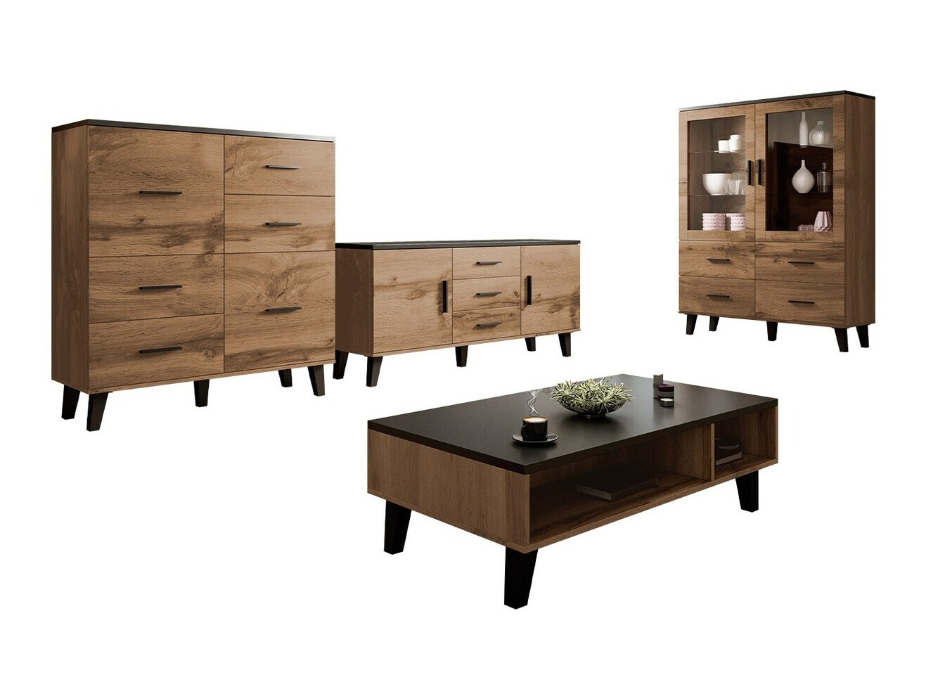 Woonkamerset Larfloi 112 (Wotan eik + Zwart)