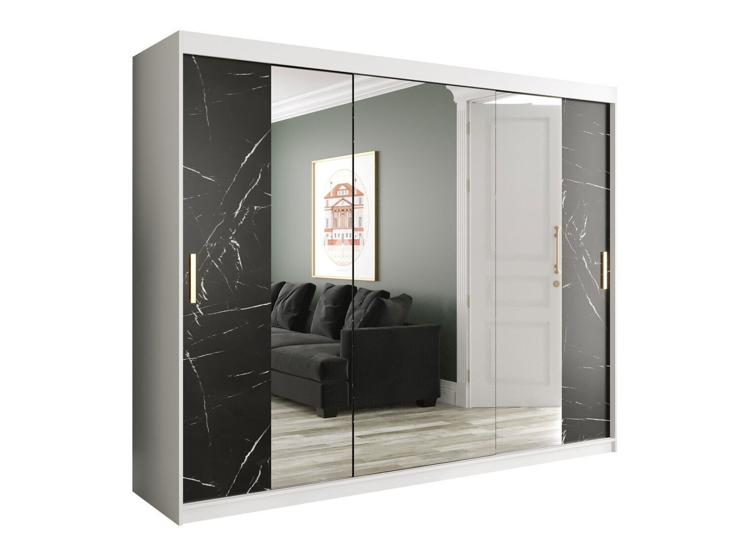 Kledingkast Hartford 263 (Mat wit + Zwart marmer)