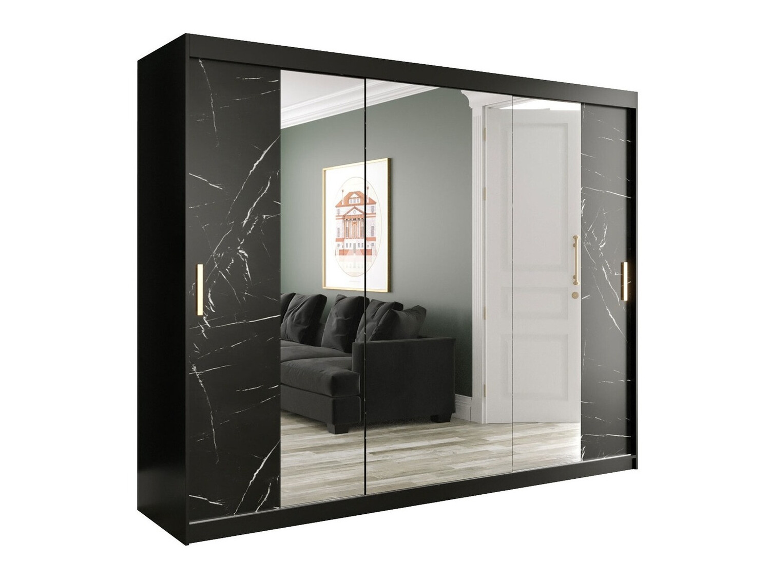 Kledingkast Hartford 263 (Matzwart + Zwart marmer)