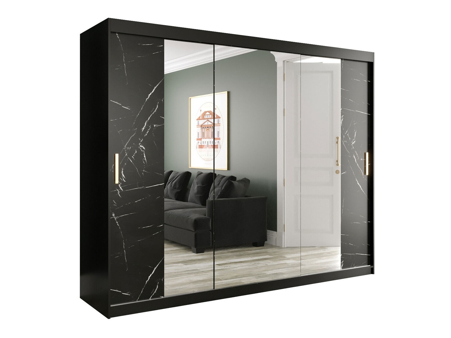 Kledingkast Hartford 263 (Matzwart + Zwart marmer)