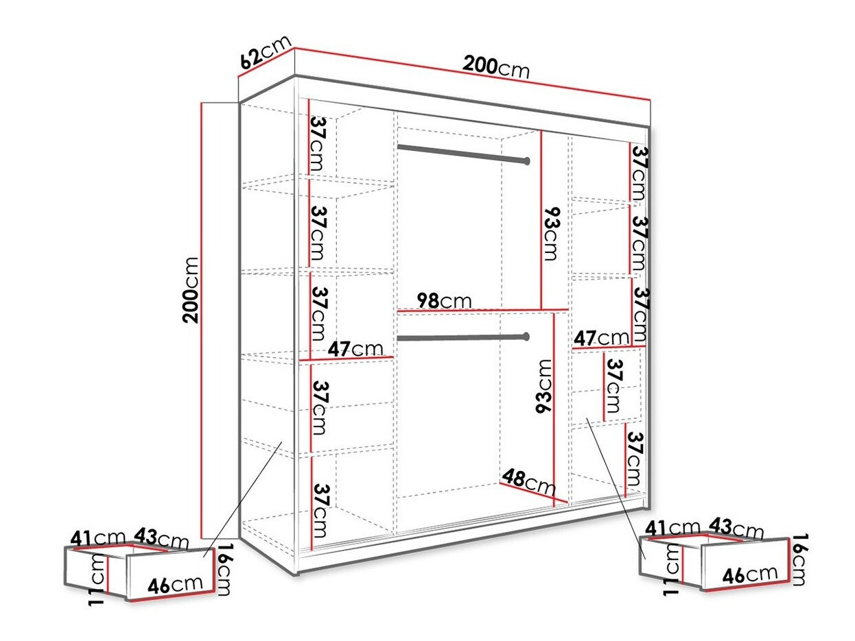 Kledingkast Hartford 262 (Matzwart + Zwart marmer)