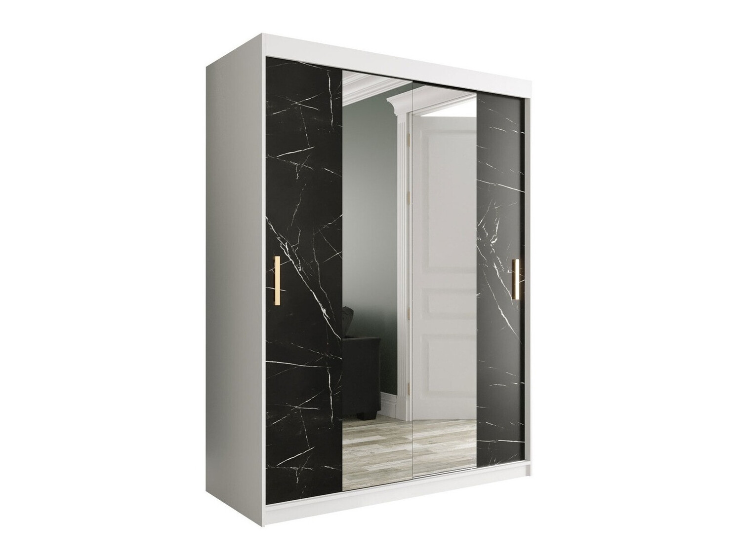 Kledingkast Hartford 254 (Mat wit + Zwart marmer)