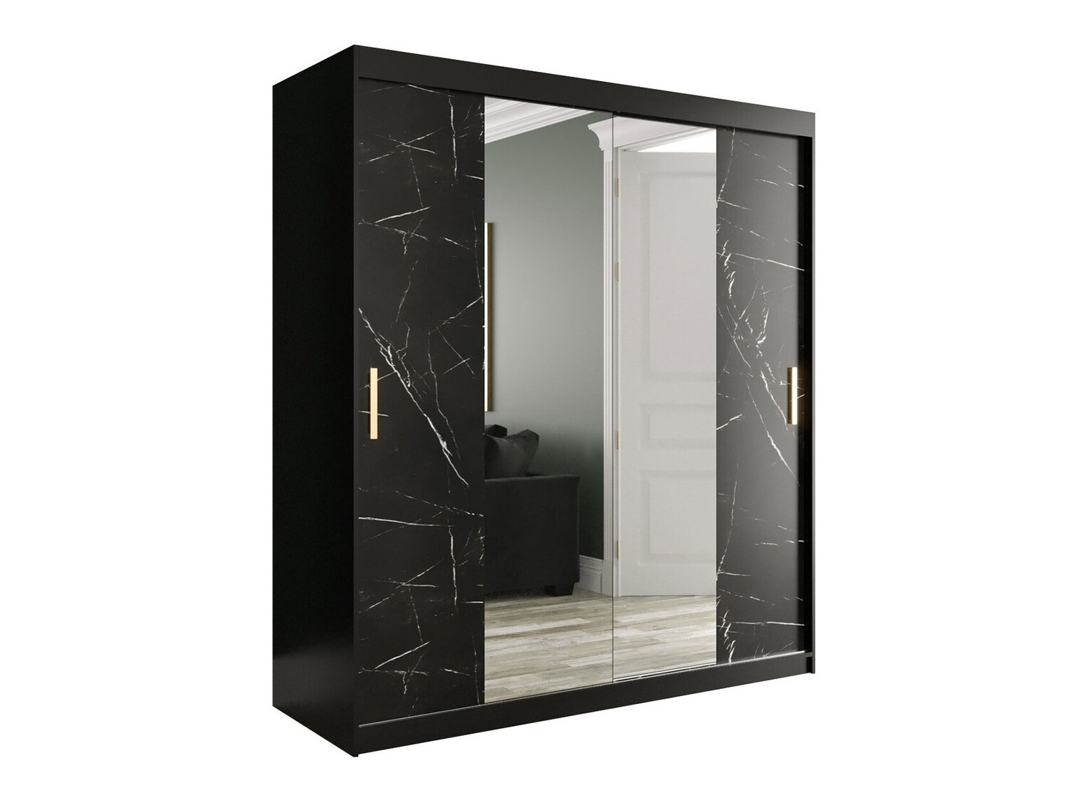 Kledingkast Hartford 255 (Matzwart + Zwart marmer)
