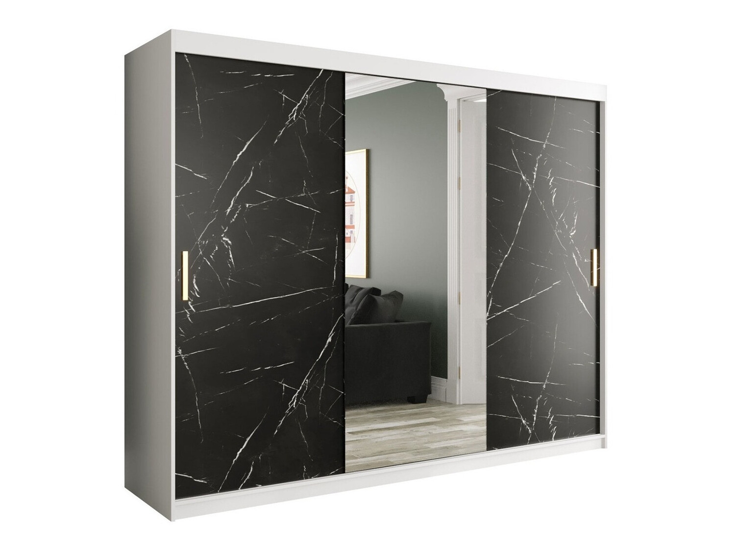 Kledingkast Hartford 257 (Mat wit + Zwart marmer)