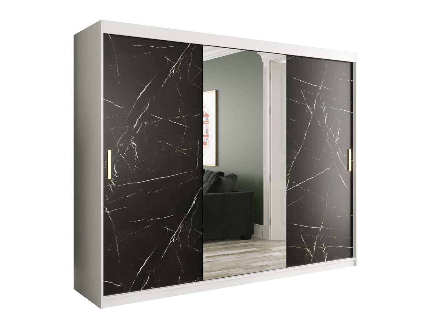 Kledingkast Hartford 257 (Mat wit + Zwart marmer)