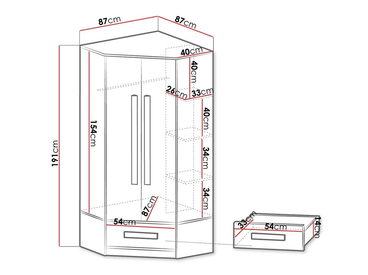 Hoekkledingkast Merevari 103 (Wit + Glanzend wit + Grijs)