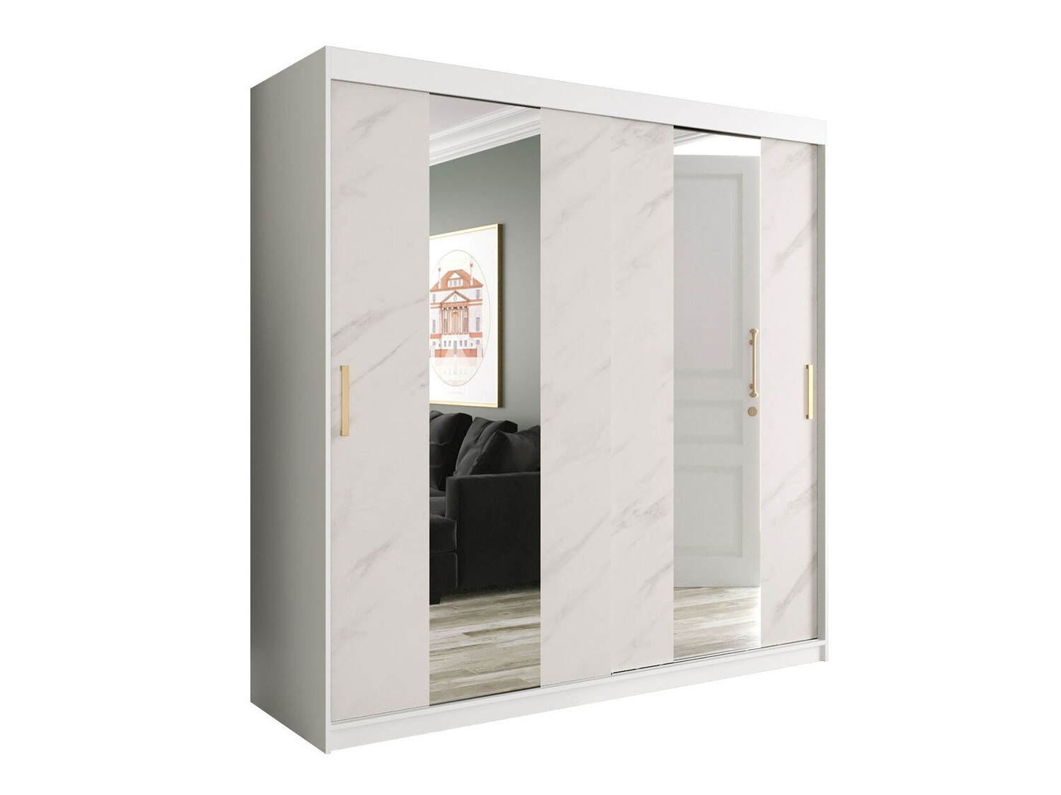 Kledingkast Hartford 244 (Mat wit + Wit marmer)