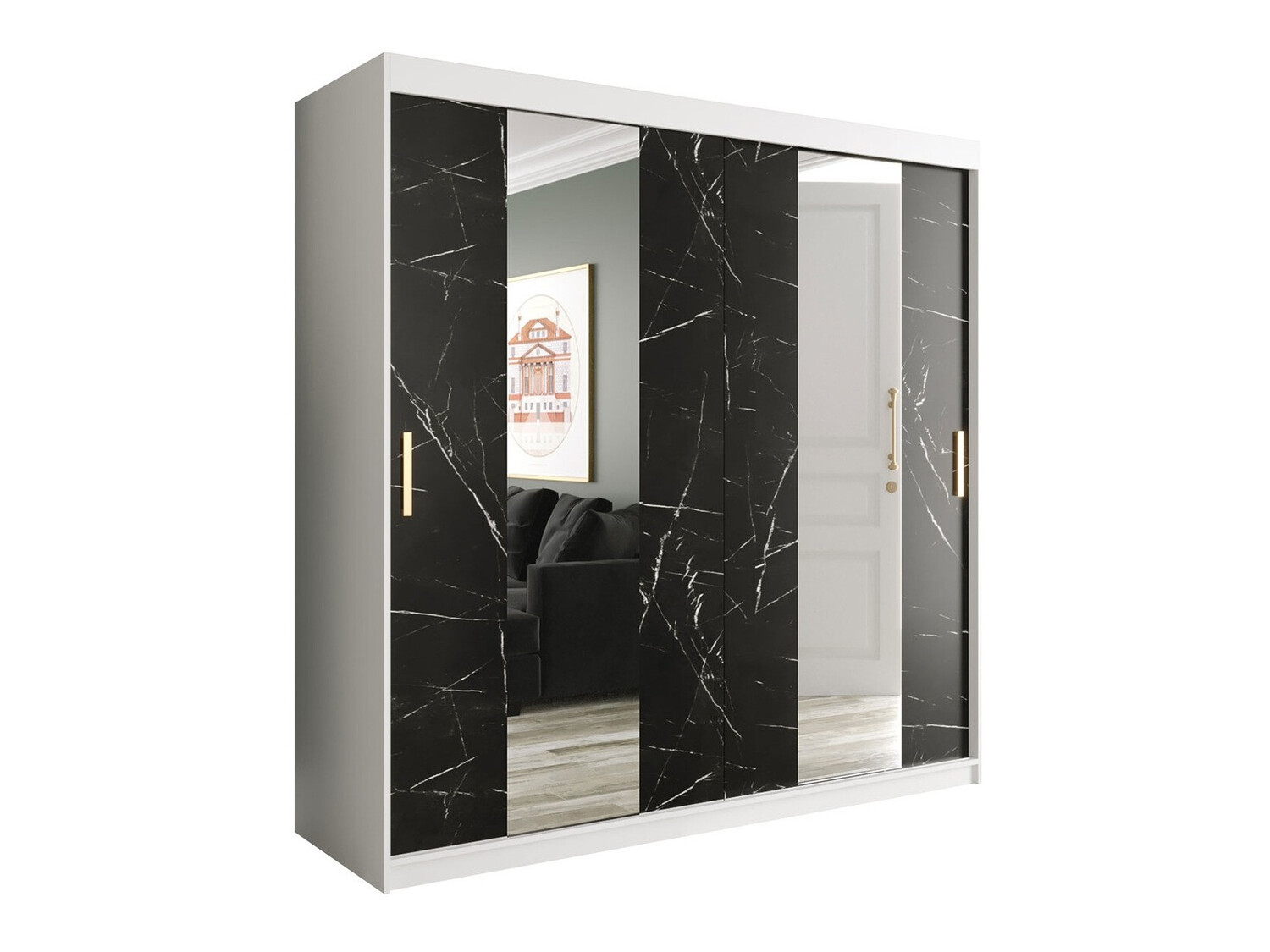 Kledingkast Hartford 244 (Mat wit + Zwart marmer)