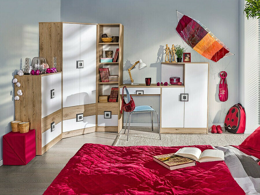 Hoekkledingkast Balvire 103 (Licht eiken + Wit + Roze)