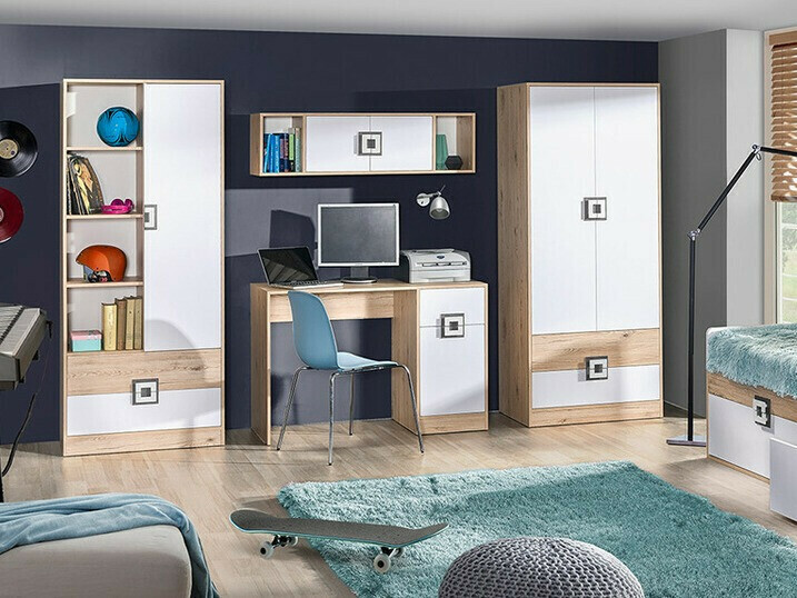Boekenkast Balvire 105 (Licht eiken + Wit + Roze)