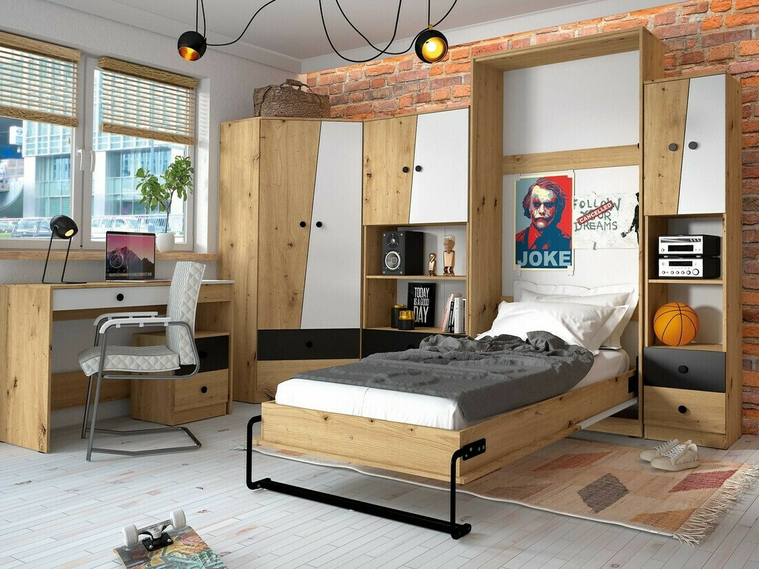 Hoekkledingkast Mirelbu 101 (Artisan eiken + Glanzend wit + Grijs met glans)