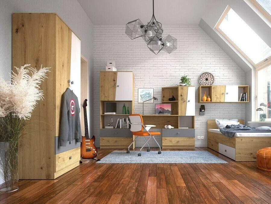 Kledingkast Mirelbu 100 (Artisan eiken + Glanzend wit + Grijs met glans)