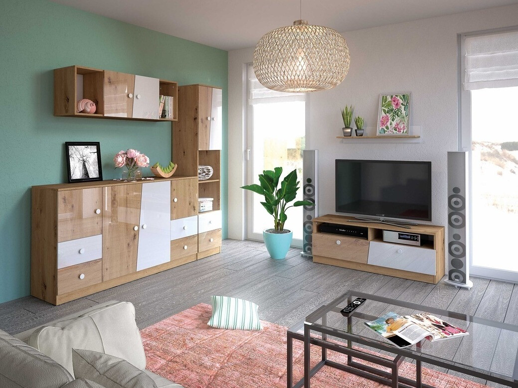 Ladekast Mirelbu 105 (Artisan eiken + Glanzend wit + Grijs met glans)