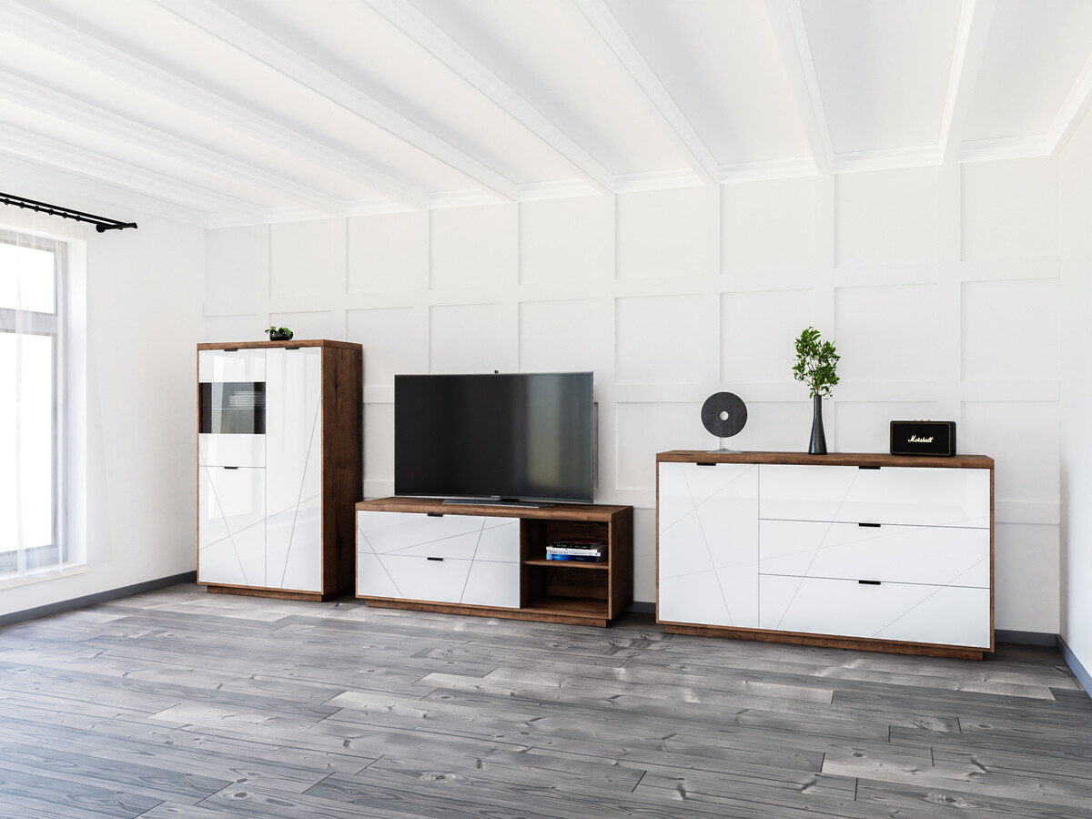 Woonkamerset Fivale 110 (Donker delano-eik + Glanzend wit)