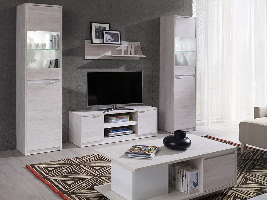 Woonkamerset Fivelbo 114 (Gebleekt eiken + Glanzend wit)